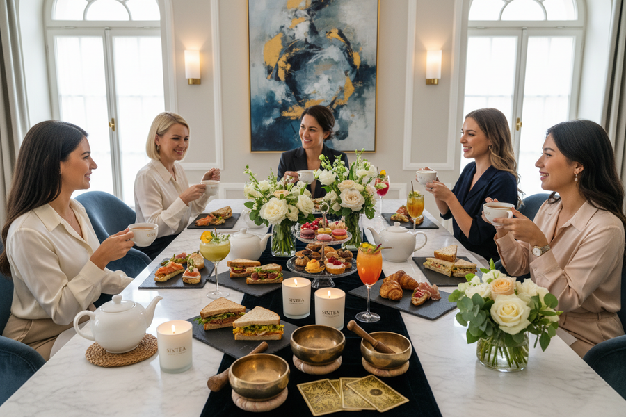 5 gourmet sandwiches with french pastries, teas, mocktails, luxurious tablescape with florals, sixtea candles, sound bowls, and tarot cards with dressed up people seated at the table in an elegant modern setting