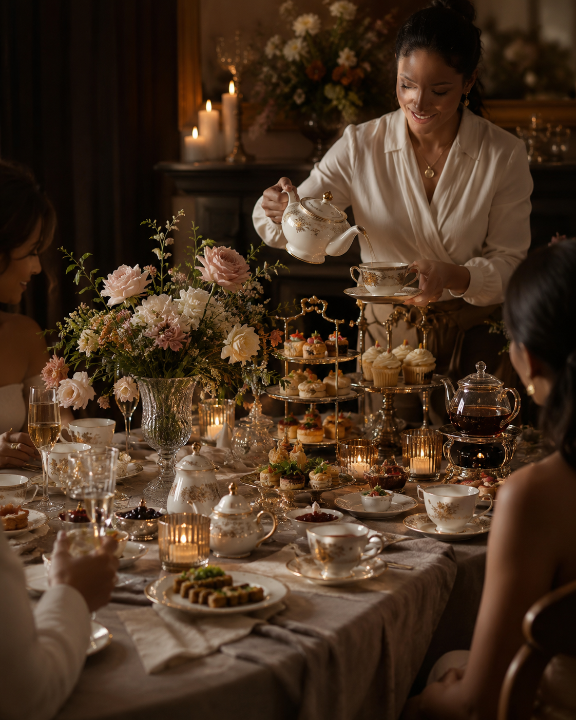 An atmospheric SIXTEA gathering prepared with tea, flowers, candlelight, and ritual details