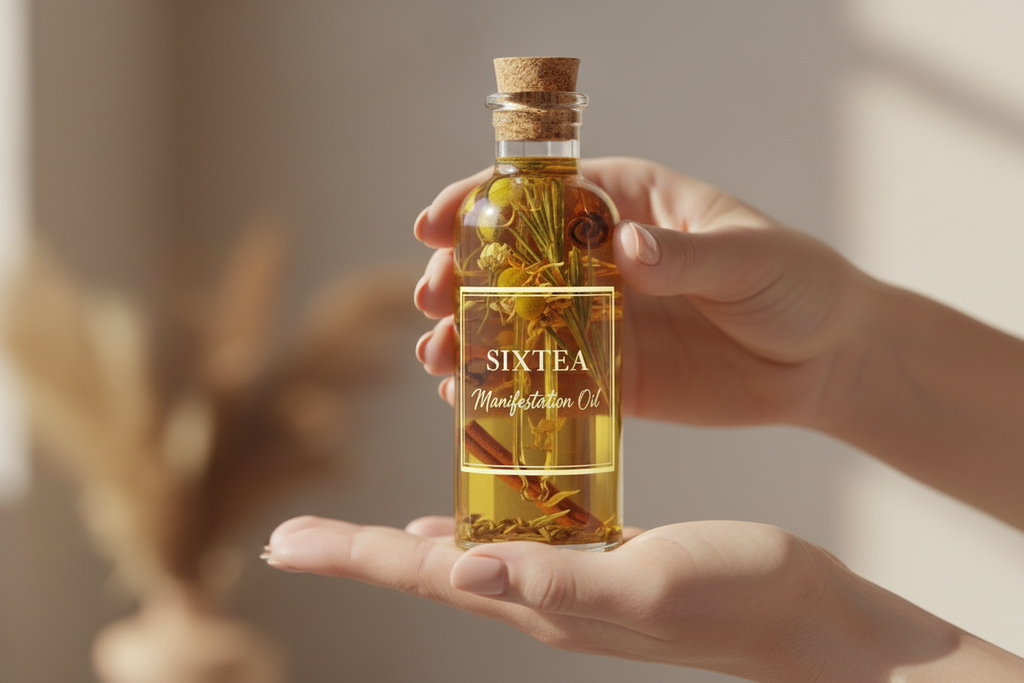 bottle of oils with herbs with label that has SIXTEA label and Manifestation Oil