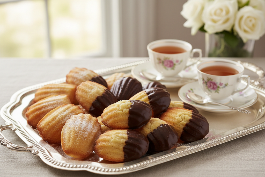 chocolate dipped and regular madeleines on a tea tray