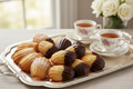 chocolate dipped and regular madeleines on a tea tray