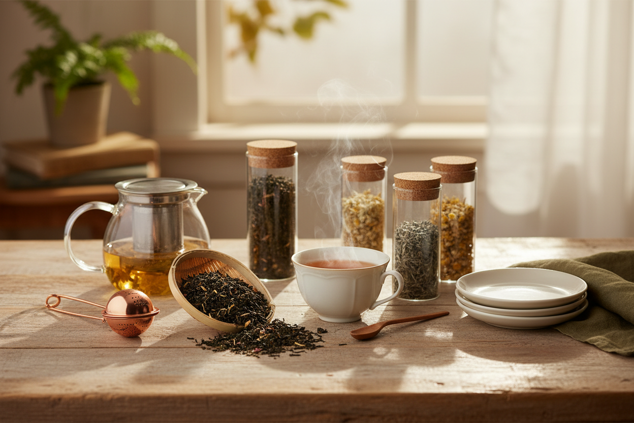 Combine these products into one scene on a table with tea