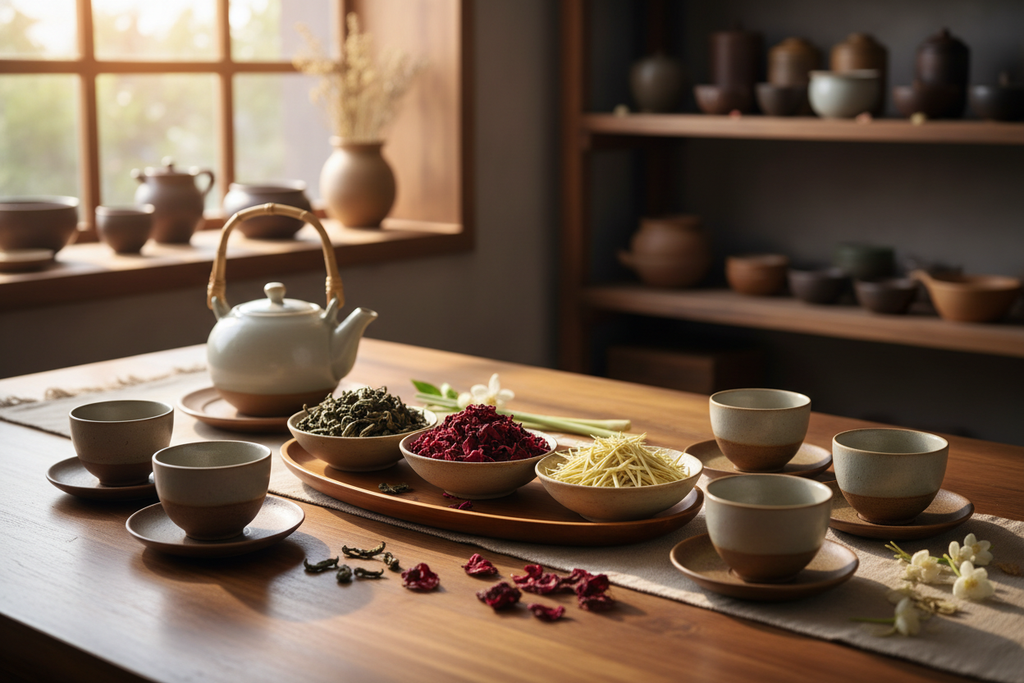 jasmine pearl, hibiscus and lemongrass tea on a table with tea cups 