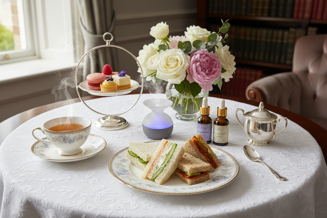 Three gourmet finger sandwiches, pastry trio, tea, aromatherapy on a table setting with flowers