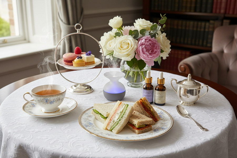 Three gourmet finger sandwiches, pastry trio, tea, aromatherapy on a table setting with flowers