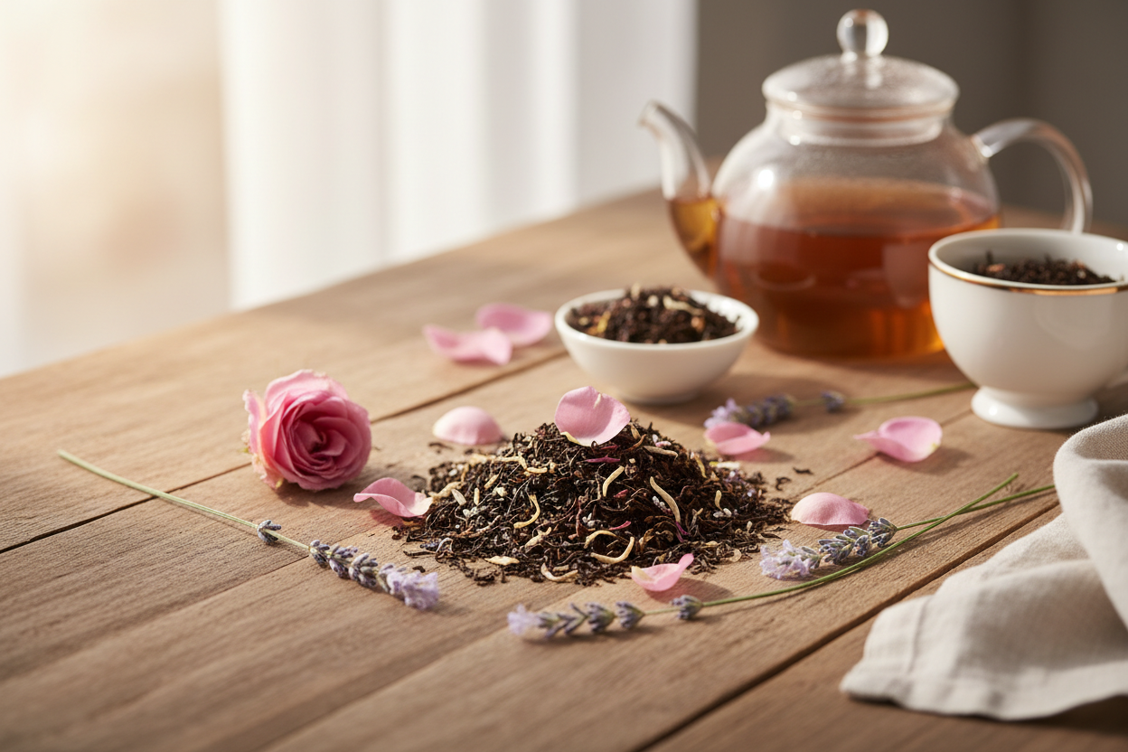 Vanilla Earl Grey, rose petals, white lavender  on a table