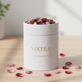 Vanilla Earl Grey, rose petals, white lavender tin with SIXTEA logo