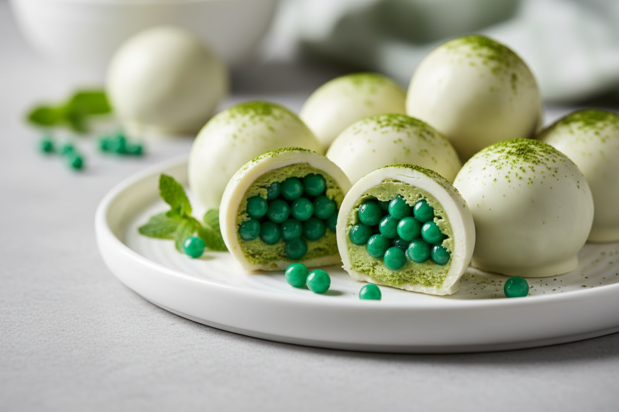 White chocolate + matcha pearls truffles
